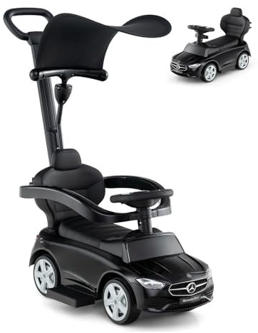 SOARS 3-in-1 Mercedes-Benz Rutschauto, Rutschfahrzeug mit Abnehmbarer Schiebstange, verstellbarem Sonnendach, Hupe, Stauraum, Spielzeugauto für Kinder ab 1 Jahr (Schwarz)