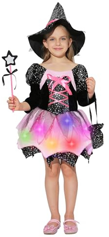 ZUCOS Costume de sorcière pour enfant avec lumières - Costume d'Halloween pour fille - Costume de carnaval - Cosplay - Robe de princesse violette (rose, 3-4 ans)
