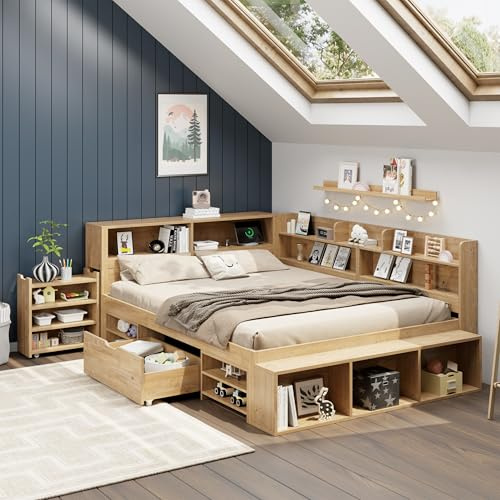 Merax Kinderbett 140x200 cm mit Stauraum, Einzelbett Funktionsbett Jugendbett mit Schubladen, Stauschrank, Bücherregal, Nachttisch, kabelloser Ladefunktion, Holzfarbe/254x159.5x91cm
