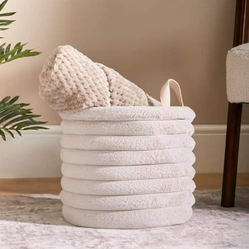 OHS Small Storage Baskets with Handles, Faux Fur Ribbed Storage Box for Home Office Organiser Soft Compact Decorative Storage Basket for Toys Laundry Blankets, Natural