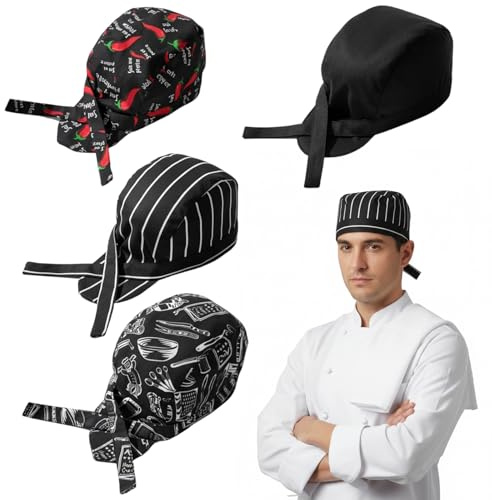Qnvyw 4er Set Kochmützen mit Motiven - Verstellbare Kochhauben für Gastro & Küche, Lustige Hüte für Köche, Damen/Herren, Ideal als Chef Geschenk