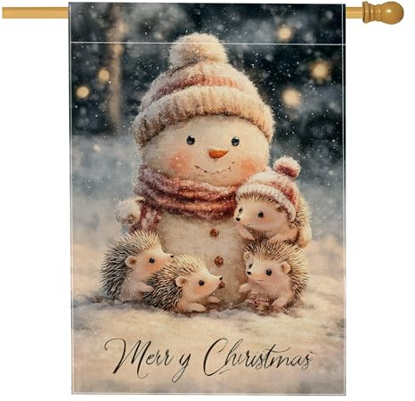 Schneemann-Hausflagge, weihnachtlicher Igel-Schal, weiße Jute, doppelseitig, für den Außenbereich, Hof, Rasen, Terrasse, Eingang, 71,1 x 101,6 cm