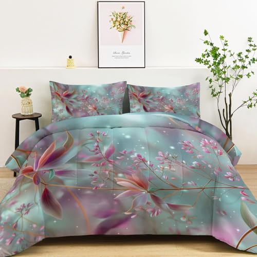 Srigzcaly Bettdecke Ohne Bezug 135x200 cm, 4 Jahreszeiten Steppdecke Rosa mit Traumhaftem Sternenhimmel Pflanzen Blätter Design - Waschbar Warme und Weiche Ganzjahresdecke mit 2 Kissenbezug 80x80 cm