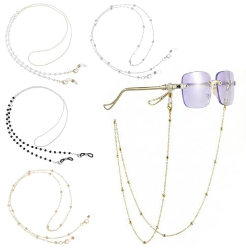 YIPFEN Lot de 4 Chaine Lunettes Femme Cordon Élégant Perlée Attache Lunettes Doré Argenté pour Femmes