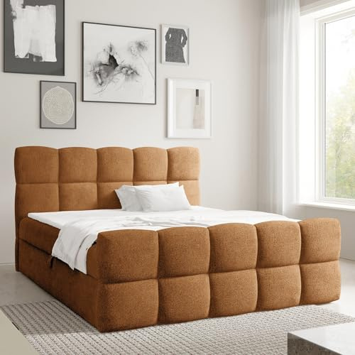 Home Collective Boxspringbett Polsterbett Doppelbett Bubbble Bett mit Stauraum viele Größen und Farben | Topper inklusive | modernes Design Schlafzimmer Jugendzimmer Möbel | Braun 140x200 cm