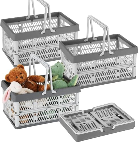 4 Stück Faltbarer Klappbox mit Henkel, 30 x 20 x 16 cm Kleiner Einkaufskorb, Camping Klappkorb, Plastik Klappkiste, Aufbewahrungsbox für Küche Badezimmer Schlafzimmer (Grau)
