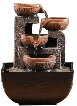 DimyFew Fontana Cinese da Tavolo Tono Legno Fontana a Cascata da Tavolo Pietre Decorative Ornamento D'acqua Scrivania per Ufficio, Soggiorno, Marrone, Piccolo 13.5x13.5x18cm