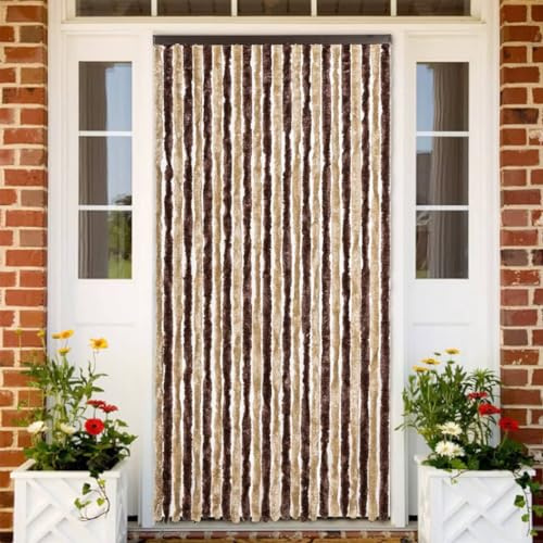 Augerlite Rideau anti-mouches, beige et marron clair, 100 x 200 cm, en chenille, avec crochets pour porte, fenêtre, balcon, terrasse, fenêtre de toit, cave, silencieux, avec brise-vue et isolation