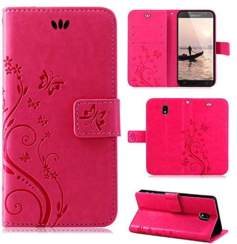 Hülle Kompatibel mit Samsung Galaxy J7 (2017) | Premium PU Leder Handyhülle Wallet Case für Galaxy J7 (2017) | Schutzhülle Blumen Klapphülle Handyhülle | Pink
