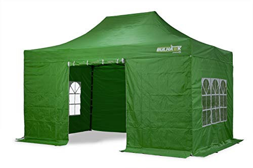 BULHAWK® 3M x 4.5M PREMIUM 32 COMMERCIAL GRADE, WATERPROOF, HEAVY DUTY POP UP GAZEBO MARKET STALL MARQUEE, INCLUDES 4 X 100% WATERPROOF SIDEWALLS AND CARRY BAG (3m x 4.5m Green including side panels)