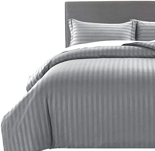 MOONLIGHT20015 Super King Duvet Set Reversible Stripes Satin Bedding Sets with 2 Pillowcases Soft Hypoallergenic Duvet Cover (Grey 260x220)
