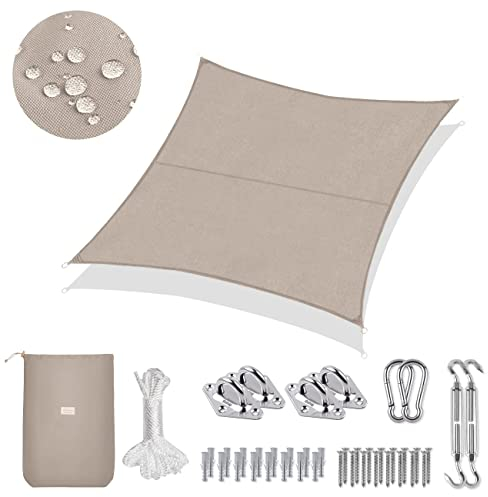 Sekey Sonnensegel Wasserdicht 3x3m Quadratisch mit Edelstahl Befestigungs Kit PES Polyester, Sonnenschutz 95% UV Schutz Windschutz Reißfest Wetterfest, für Balkon Garten, Taupe