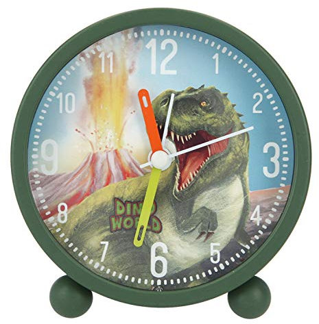 Depesche 8838 Dino World - Analoger Wecker für Jungen, lautlose grüne Uhr mit Dinosaurier Motiv und Lichtfunktion, batteriebetrieben