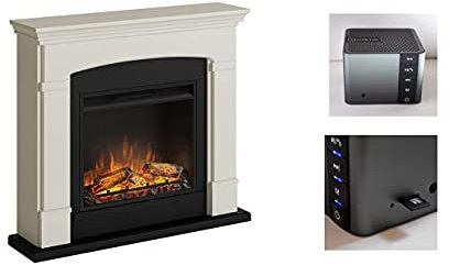 TAGU Chimenea eléctrica Helmi con llama LED de 23 pulgadas, decoración y chimenea de calefacción, color blanco crudo, incluye módulo de sonido efecto arrugado.