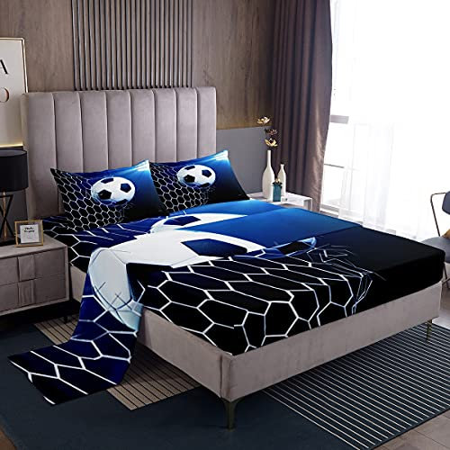Set di biancheria da letto con motivo calcio 3D e pallone da calcio, per bambini, ragazzi e ragazze, set di lenzuola a tema sportivo blu brillante, 4 pezzi, per letto matrimoniale