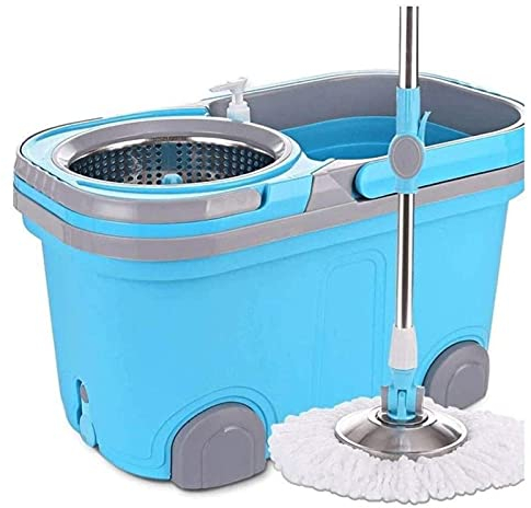BKWJ Fregona y Cubo de Giro de Acero Inoxidable, trapeador y Cubo con Conjunto de escurridores, trapeadores giratorios para Limpieza de Piso con 2 Cabezas de Microfibra