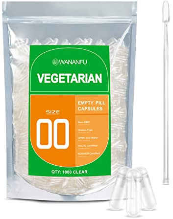 WANANFU Size 00 Empty Capsules Vegetarian (1000 Count) Bundle with Micro Lab Spoon with Powder Tamper, Compatible with Capsule Filling Machine
