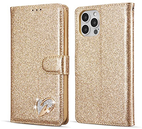 QLTYPRI Case for iPhone 13 Pro Max, Glitter PU Leather TPU Bumper Card Holder Wrist Strap Wallet Case with Inlaid Heart Diamond Flip Cover for iPhone 13 Pro Max - Gold