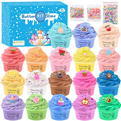 18 Pack Butter Fluffy Making Slime Kit for kids, Easter Scented Crunchy Cheap Slime Charms Party Favor for Girls and Boys 4-12, DIY Putty Toys Games, with Candy Ice Cream Fruit, Bag Fillers