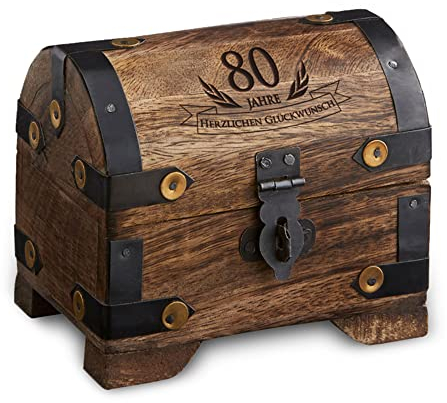 Casa Vivente Kleine Schatztruhe zum 80. Geburtstag, Schmuckkästchen mit Gravur, Aufbewahrungsbox aus dunklem Holz, Verpackung für Gutscheine, Geburtstagsgeschenk für Männer und Frauen