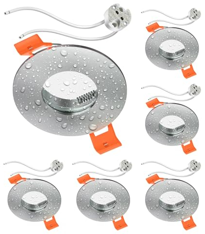 ledscom.de 6 Stück Bad-Deckeneinbaurahmen ERID, Feuchtraum, Badezimmer, IP44, rund, aluminium matt, inkl. GU5.3 Fassung