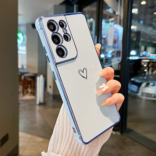 ZTOFERA Handyhülle Kompatibel mit Samsung Galaxy S21 Ultra 5G Hülle für Mädchen Frauen, Flexibel Silikon Schutzhülle mit Liebe Herz Muster Goldener Rand Stoßfest Bumper Cover, Sierra Blau