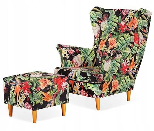 Family Meble Ohrensessel mit Hocker, Modell Print, Skandinavisch, Relaxsessel aus Webstoff, Loungesessel, Ohrensessel mit Hocker, Bequemer Sessel, Für Wohnzimmer, Esszimmer, Schlafzimmer, Dachte 16