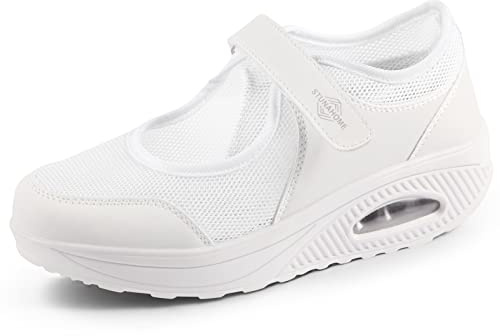 STUNAHOME Women Mary Jane Sneakers Breathable Mesh Air Cushion Comfortable Lightweight Casual Walking Shoes White