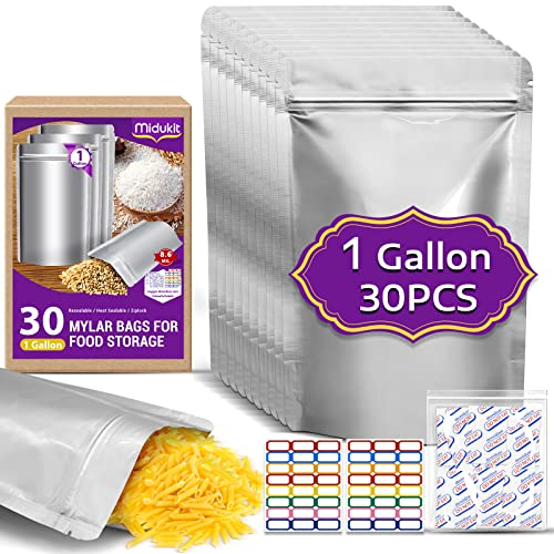Midukit 30PCS Mylar Bags - 1 Gallon, 10x14, 8.6Mil with Oxygen Absorbers (20000cc), Labels, Heat Sealable, Resealable Ziplock for Long Term Food Storage