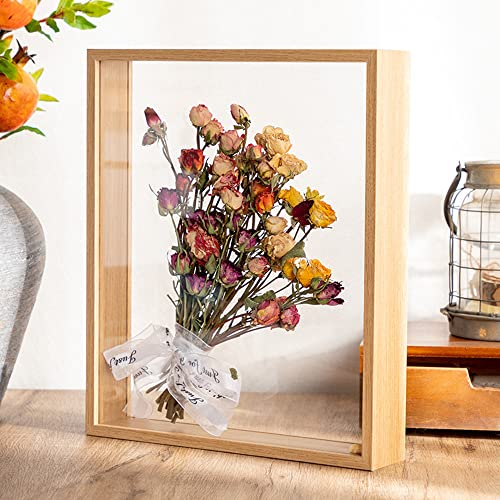 NatureMan Holzrahmen, getrocknete Blumen, dekorativer schwebender Bilderrahmen, doppelseitiges Glas, für getrocknete Blumen, Kunsthandwerk (Holzfarbe, 20,3 x 30,5 cm)