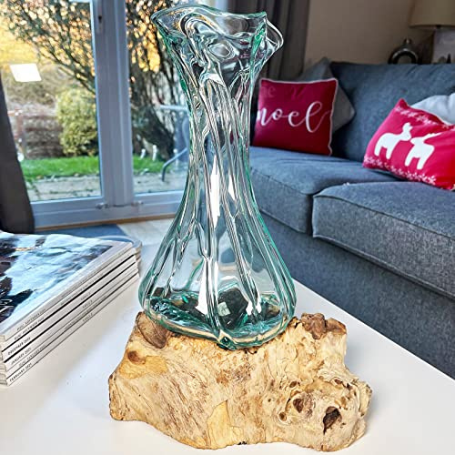 35cm Crinkle Molten Glass Vase On Driftwood Stand Handmade Flower Holder Large
