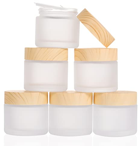 6 Pack Glass Jars,60ml Empty Frosted Refillable Sample Bottle Cosmetic Face Cream Jar Pot Bottle Container Holder Case with Screw Cap Lid and Liners