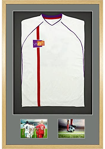 Vivarti DIY Adult 3D Mounted + Double Aperture Sports Shirt Display Frame for Football Shirt, Rugby Shirt, Band T-Shirt Shadow Box - 61 x 91.5cm - Oak Frame, Silver Mount, Black Backing Card