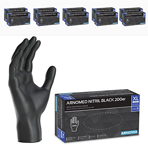 2000x ARNOMED Einweghandschuhe Schwarz, Einmalhandschuhe XL, Nitrilhandschuhe (10x200 Stk), Handschuhe Einweg puderfrei, Gummihandschuhe Einweg, Handschuhe Nitril, Einmalhandschuhe in S, M, L & XL