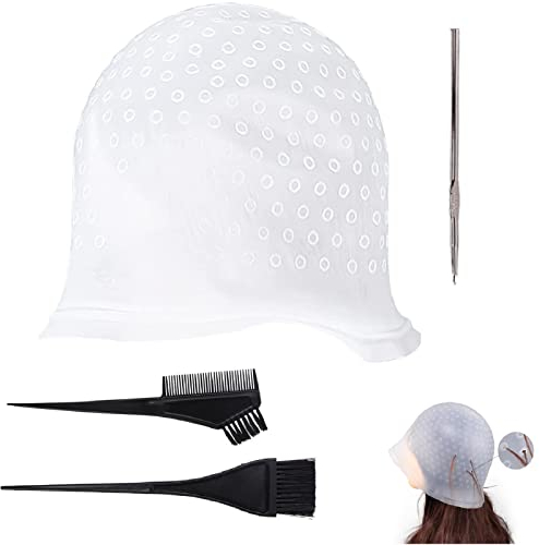 Strähnchenhaube Wiederverwendbar,Highlight Haar Kappe,Silikon-Highlight-Kappen-Set,Strähnchenhaube Silikon,Färben Haarekappe mit Hair Hook Und Haarfärbe-Pinsel,für Frauen Mädchen Färben von Haaren