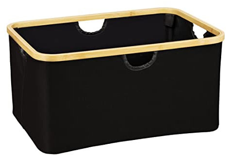 WENKO Wäschekorb Mod. Ecori, Wäschesammler faltbar 32 Liter, Rahmen aus FSC®-zertifiziertem Bambus, Textil aus recyceltem Polyester, 54 x 26 x 36, Natur/Schwarz