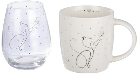 GILDE - 51346 - Porzellan/Glas, 2er Set, Tasse und Glas, mit Geschenkkarton, Love Cat, Tasse Porzellan: H 9,3 x D 8,8 x B 12,5 cm / 350 ml Füllmenge, Glas: H 10,5 x D 8 cm / 300 ml