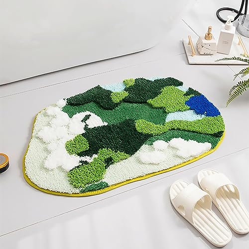 UKELER Moos-Badematte, 3D-Beflockung, zotteliges Gras, Moos, Teppiche, niedlich, lustig, Badezimmerteppich, rutschfest, waschbar, Badezimmerteppiche für Dusche, Badewanne, Waschbecken, WC,