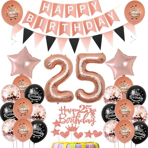25. Geburtstag Dekoration,rosegold Tortendeko Geburtstag 25 Jahre Frauen,Party Deko 25 Geburtstag Frau Schwarz rosegold,Tortendeko 25. Geburtstag Frauen,Geburtstagsdeko 25 Jahre Frau Mädchen
