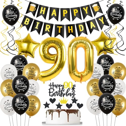 Deko 90 Geburtstag Deko Mann Frauen, Luftballon 90. Geburtstag Schwarz Gold, Geburtstagsdeko 90 jahre Mann Luftballon, Tortendeko 90. Männer Geburtstagsdeko 90 jahre für Frau