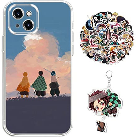 Compatible with iPhone 15 Pro Max Case Demon -Slayer Anime Design [With Keychain and 50pcs Stickers] Cartoon Transparent Soft Silicona Case for iPhone 15 Pro Max