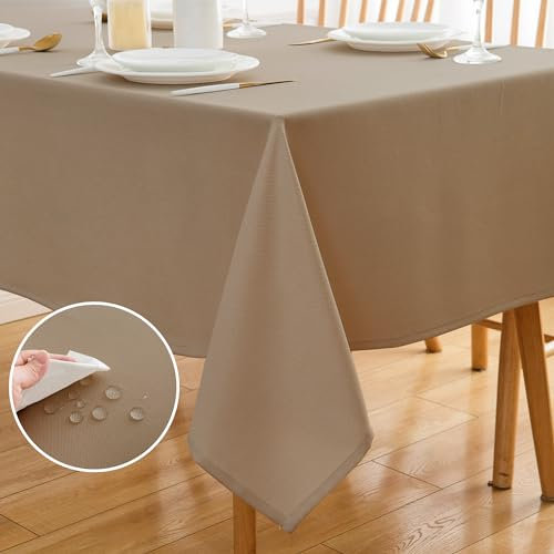 ATsense Tischdecke Abwaschbar Leinen Optik, Tischdecken Outdoor in Natur Beige, Wasserabweisend Schmutzabweisend, Bügelfrei, Leinendecke Tischtuch Rechteckig 140x180 cm