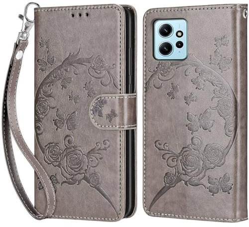 Handyhülle für Xiaomi Redmi Note 12 4G Hülle, Redmi Note 12 4G Hülle, Premium Leder Flip Klappbare Stoßfeste Magnetische [Standfunktion] [Kartenfächern] Schutzhülle Tasche - Grau Blumen