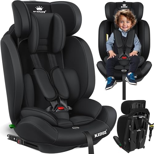 KIDIZ® Seggiolino auto per bambini con Isofix, gruppo 1 + 2 + 3, 9 – 36 kg, cintura di sicurezza a 5 punti, seggiolino auto, seggiolino auto, poggiatesta regolabile, rialzo per 1 – 12 anni, stabile e