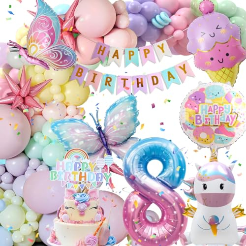 8 Jahre Geburtstagsdeko Mädchen, Deko Luftballons Kindergeburtstag, Einhorn Kindergeburtstag Deko, 8 Jahre Happy Birthday Deko, Einhorn Schmetterling Folienballon Geburtstag Deko für 8 Jahre Mädchen
