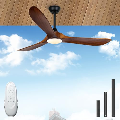 XSGDMN 60 Inch Ceiling Fans with Light, Outdoor Ceiling Fans for Patios with Lights Damp Rated, 3 Blade Solid Wood Ceiling Fan with Remote Control for Porch Exterior