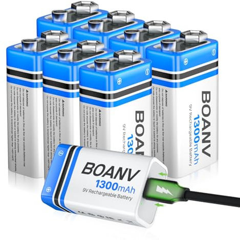 8PCS Piles 9V Rechargeables 1300mAh, 9V Rechargeable USB Lithium à Longue Duréé Batterie, avec câble de Charge 2 en 1, pour détecteurs de fumée, alarmes, Clavier, Microphone