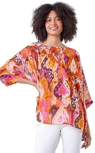 Roman Overlay Top for Women UK - Ladies Summer Blouse Spring Everyday Holiday Autumn Work Winter Round Neckline Comfy Pull-On Soft Vacation 3/4 Length Sleeves - Orange - Size SM
