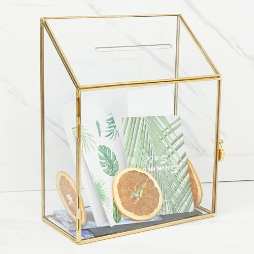 Homtone 20cm Hochzeitskarten Glasbox mit Schlitz & Schloss, Handgefertigtes Messing, Gold, geometrisches Terrarium, klare Displaybox für Hochzeitsempfang, Dekoration, Andenken, 20 * 10 * 25