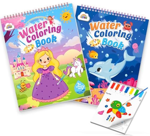 ZMLM 2 Livres Peinture avec Livres d'Eau pour Tout-Petits avec Pinceau, Feutres Coloriage Kits de Loisirs Créatifs, Activites Manuelles Papier de Peinture Aquarelle Enfants 3-8 Ans - Océan+Princesse